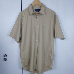 Ralph Lauren Men's Tan/ Khaki Short Sleeve Shirt Neutral Blue Pony Comfort Sz.XL